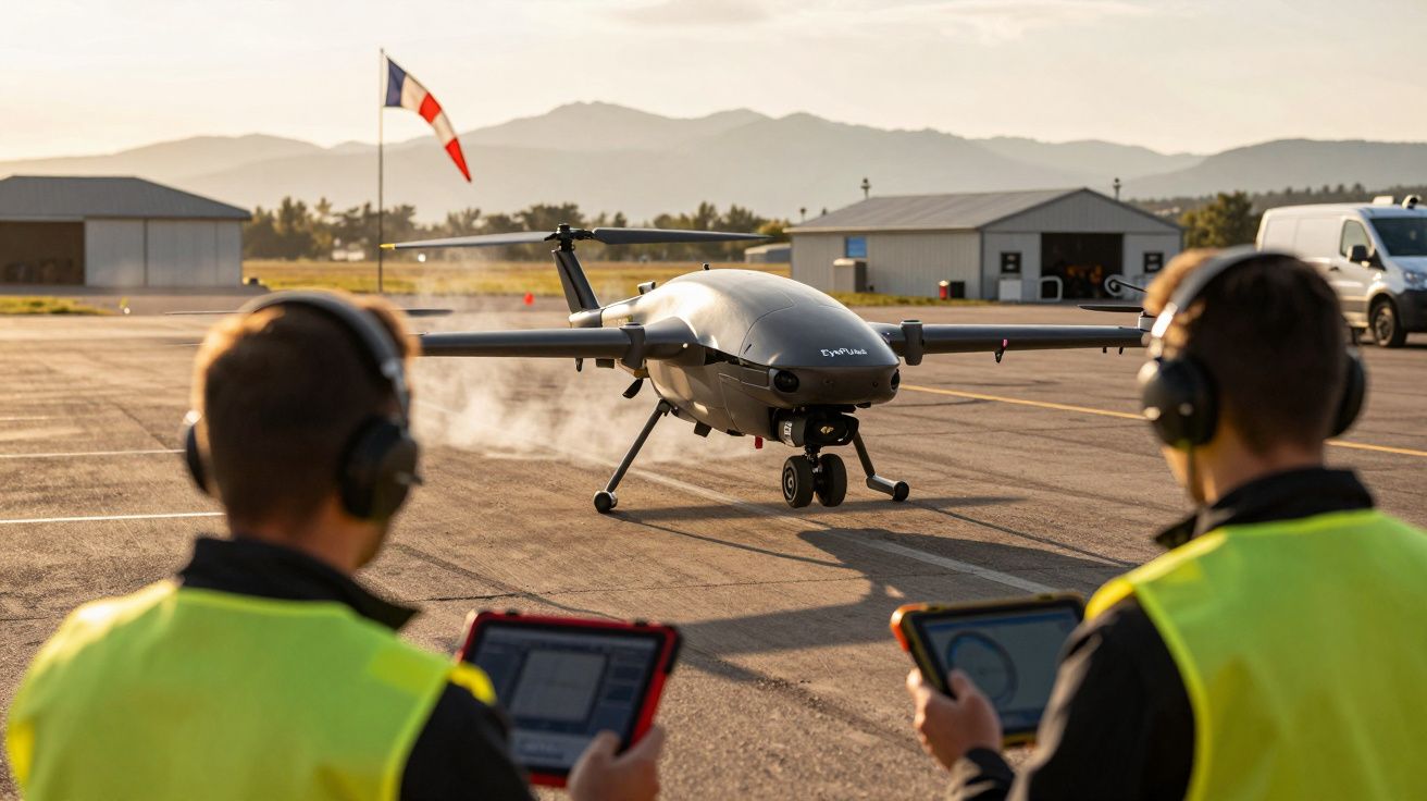 Dwóch operatorów w kamizelkach patrzy na drona na pasie startowym; w tle flaga Francji i budynki.
