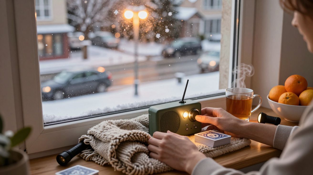 Osoba przy oknie, słucha radia na parapecie z widokiem na zimowy krajobraz, obok herbata i miska pomarańczy.