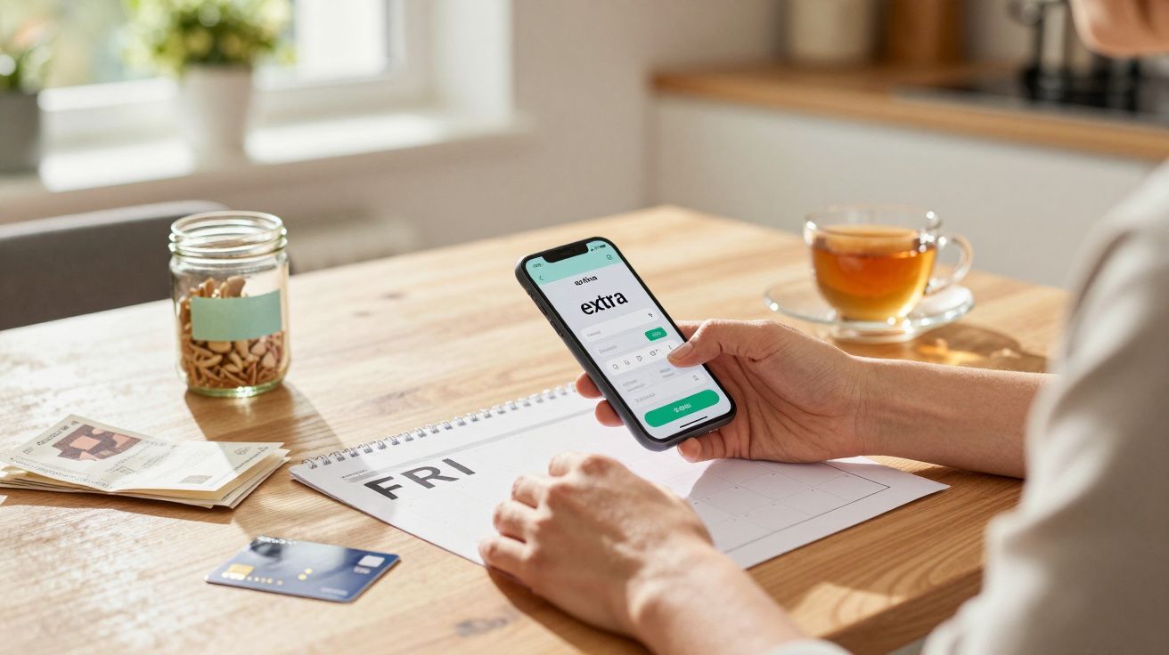 Osoba trzymająca smartfon z aplikacją bankową nad kalendarzem na stole; obok filiżanka herbaty, pieniądze i karta.