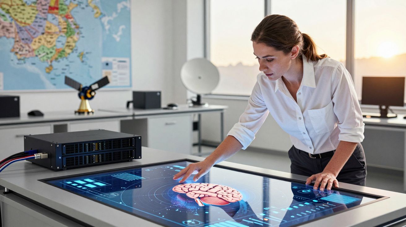 Kobieta dotykająca interaktywnego ekranu z ilustracją mózgu w nowoczesnym laboratorium.