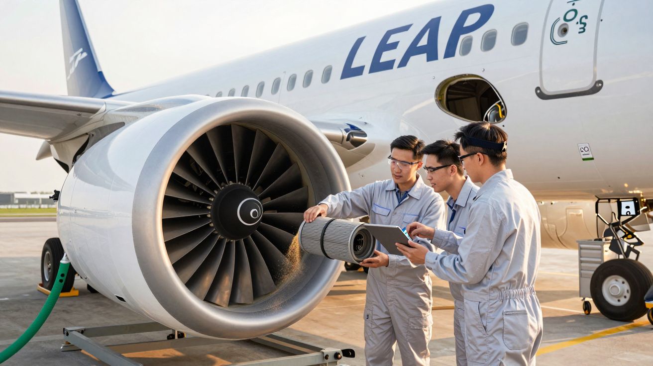 Trzej inżynierowie serwisują silnik samolotu na płycie lotniska.