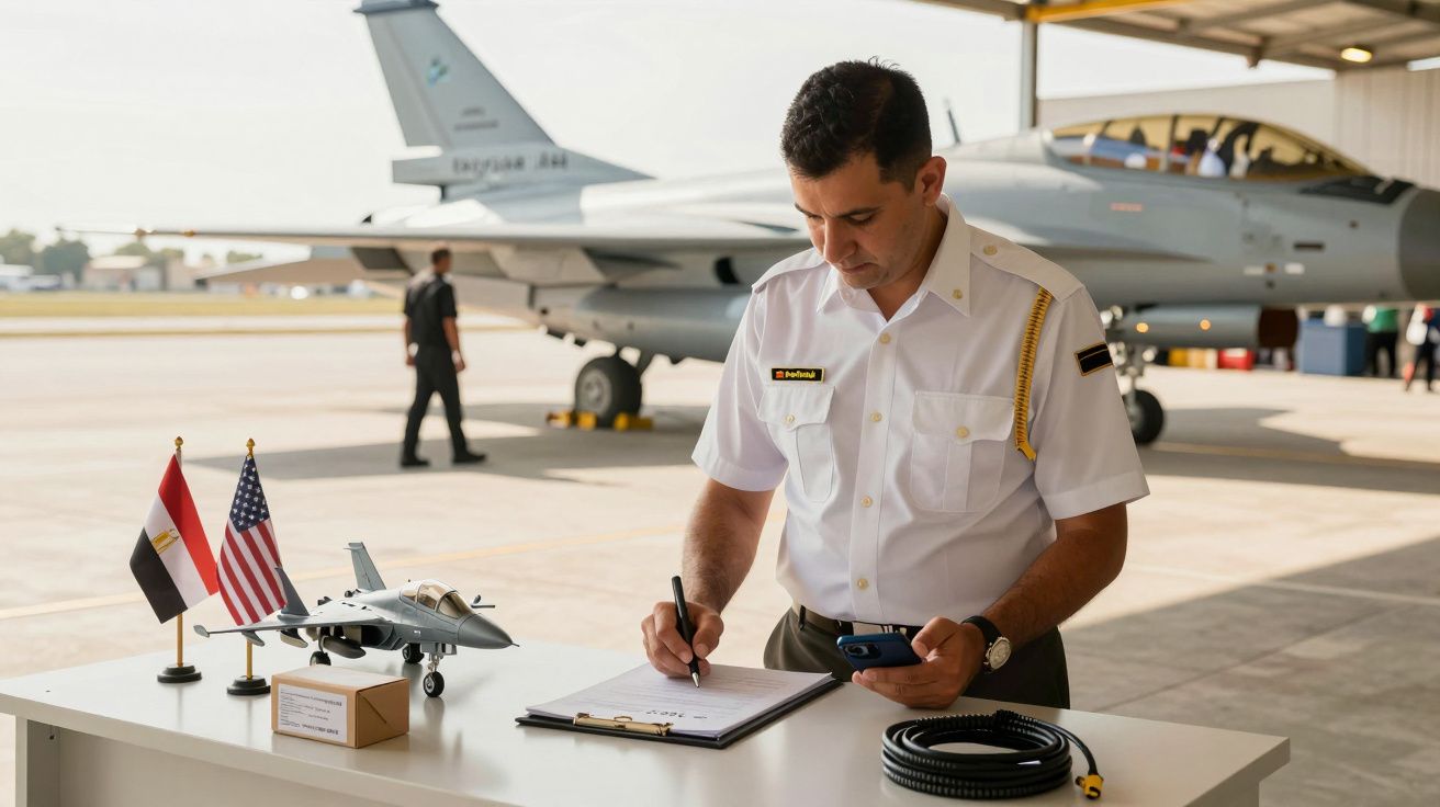Mężczyzna w mundurze podpisuje dokumenty obok modelu samolotu i flag Egiptu oraz USA, w tle myśliwiec na lotnisku.