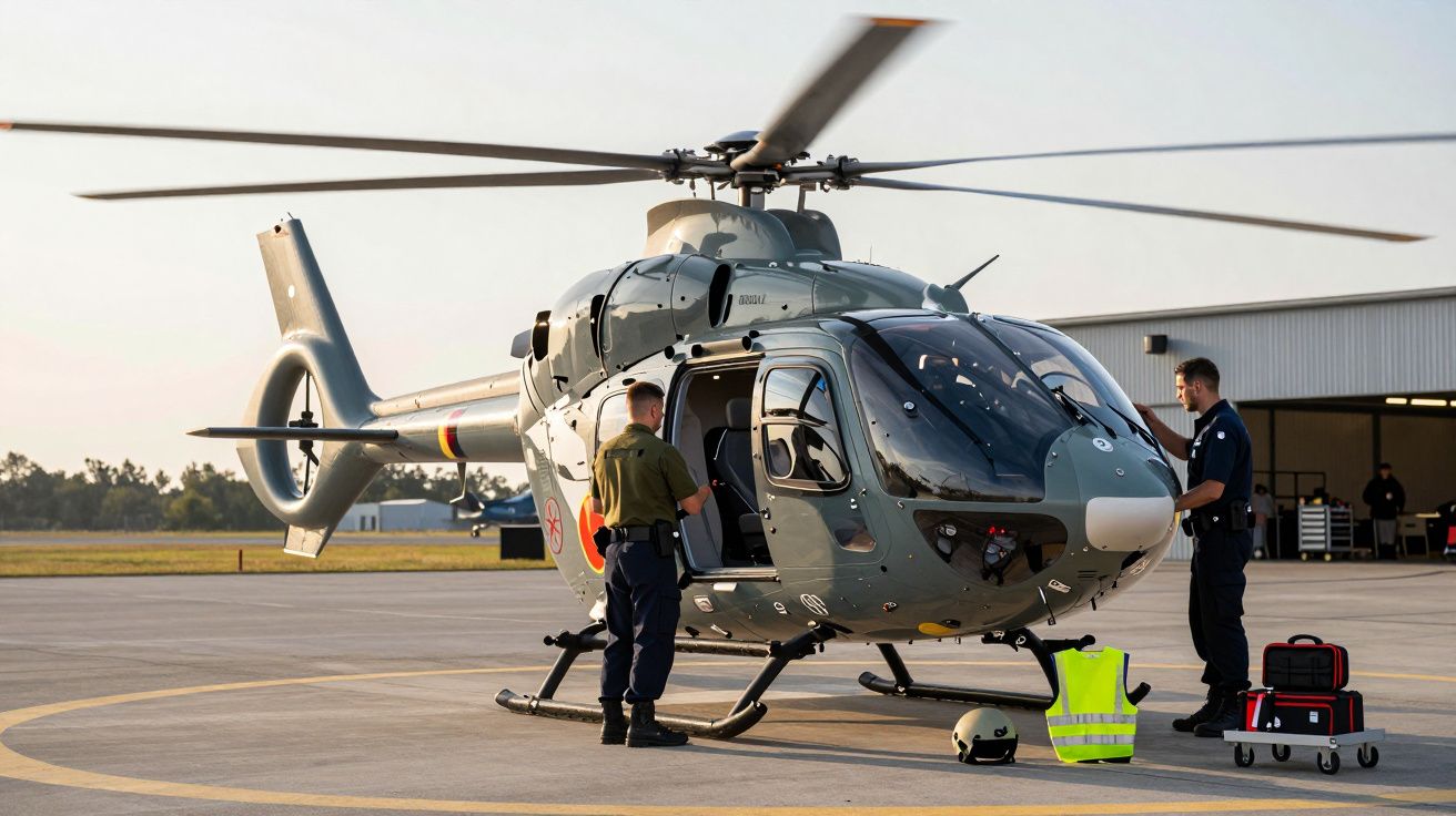Helikopter na lądowisku z dwoma osobami obok. Widoczny hangar i sprzęt na ziemi.