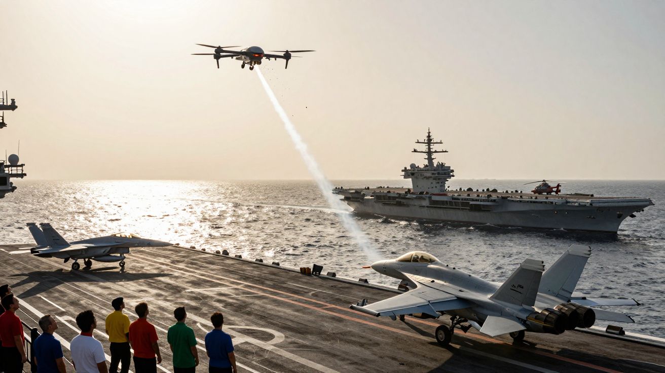 Dron nad lotniskowcem na morzu, samoloty na pokładzie, grupka osób w kolorowych kamizelkach obserwuje.