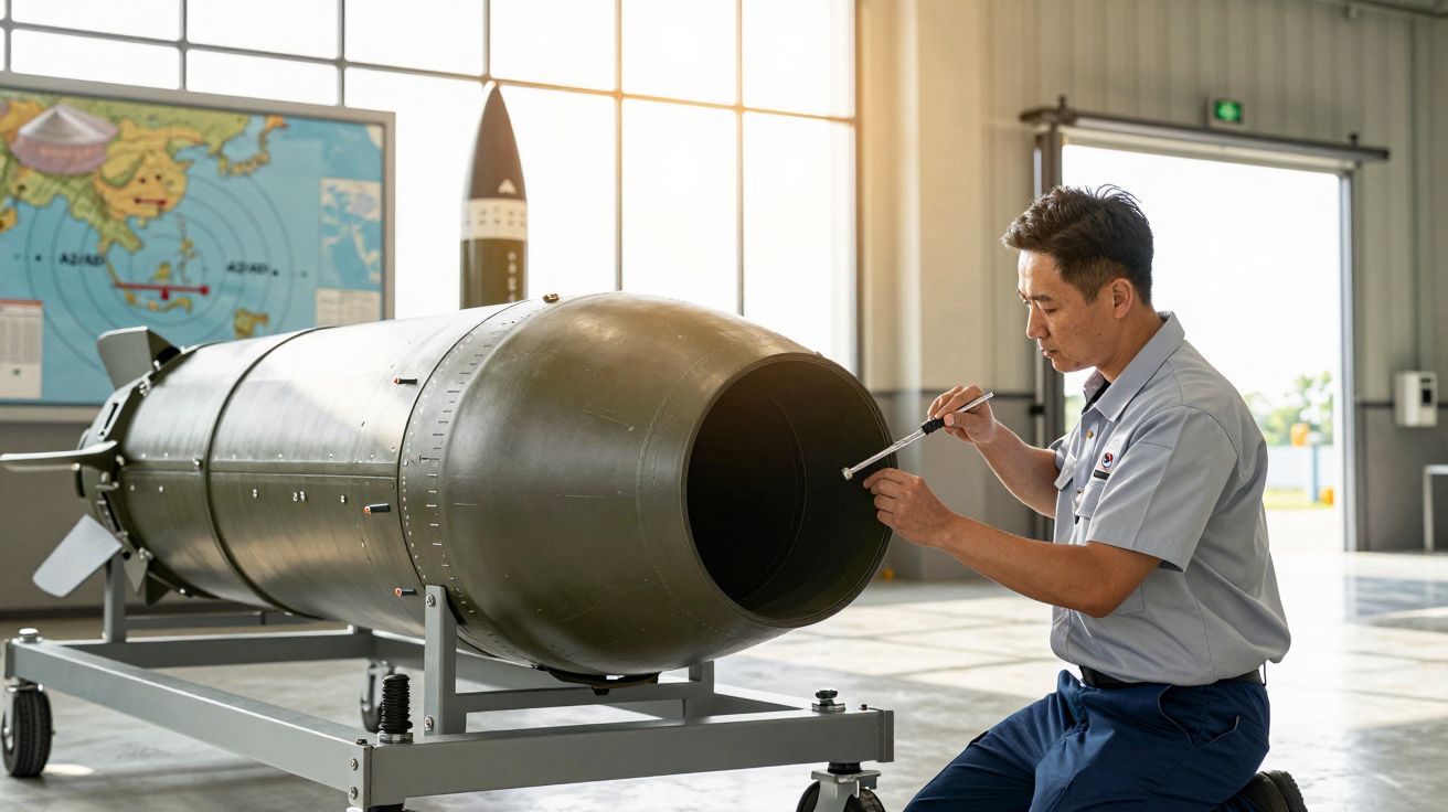 Mężczyzna w warsztacie sprawdza dużą metalową rurę na wózku, w tle mapa i model rakiety.