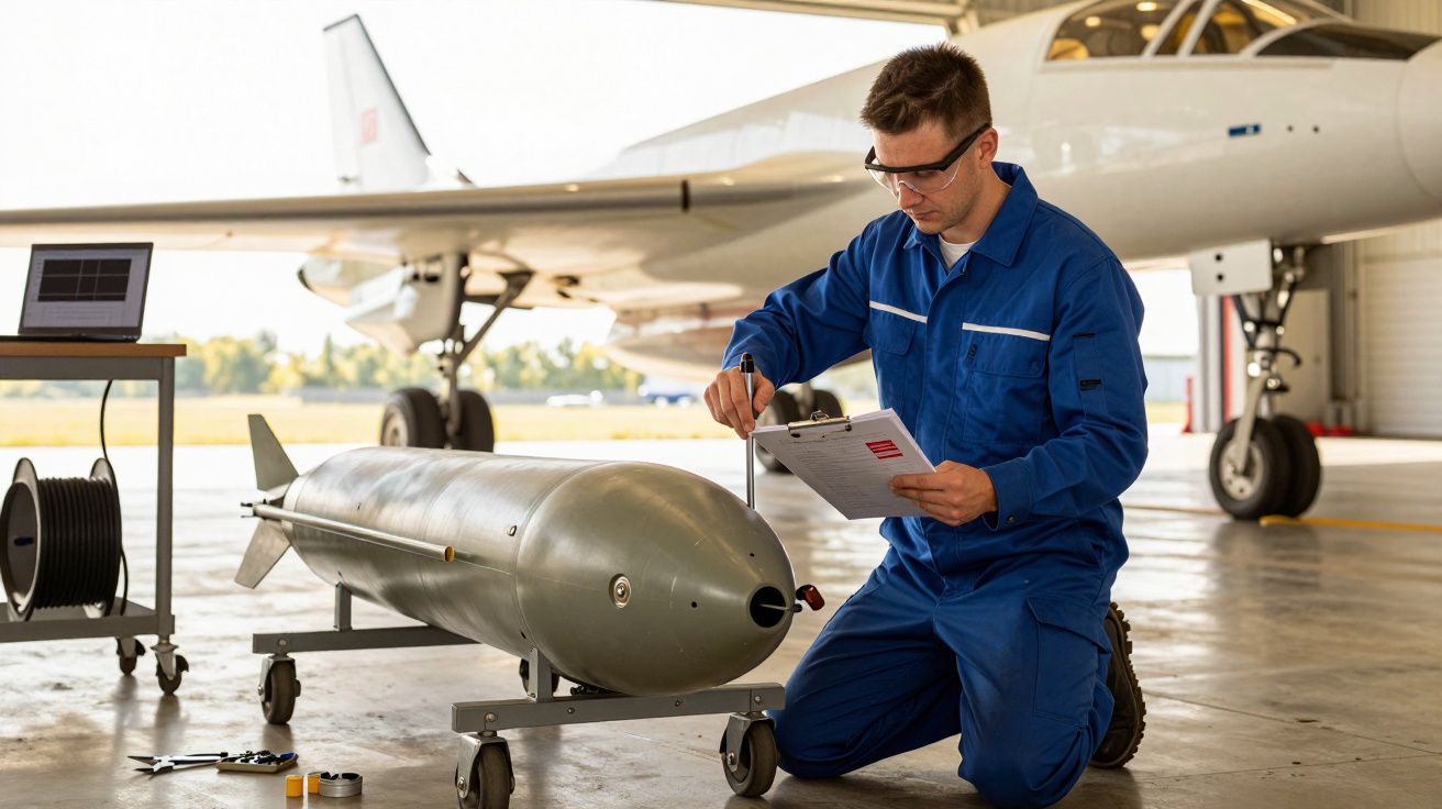 Mężczyzna w kombinezonie technicznym pisze notatki obok samolotu w hangarze.