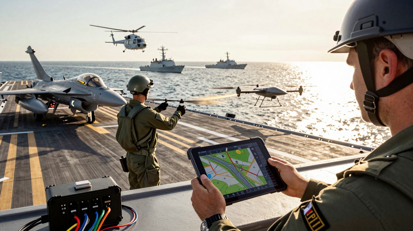 Żołnierze na pokładzie lotniskowca obsługują drona, w tle samolot, helikopter i dwa statki wojenne.