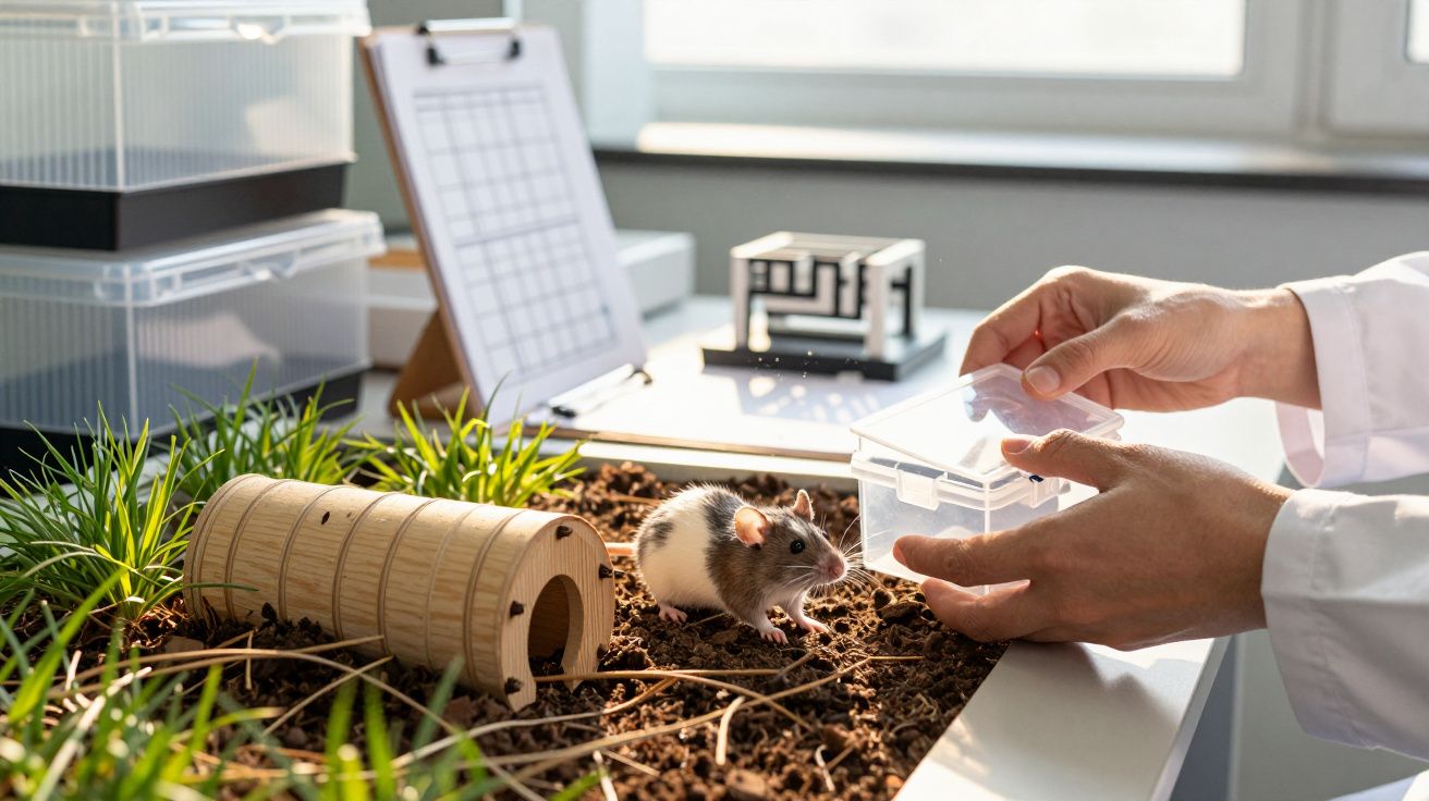 Mysz w laboratorium na ziemi z trawą, obok drewnianego tunelu; w tle ręce w fartuchu laboratoryjnym trzymające pojemnik.