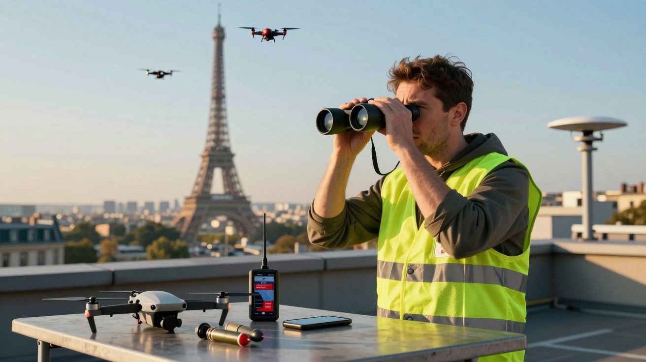 Mężczyzna w kamizelce odblaskowej obserwuje drony na tle wieży Eiffla w Paryżu, trzymając lornetkę.