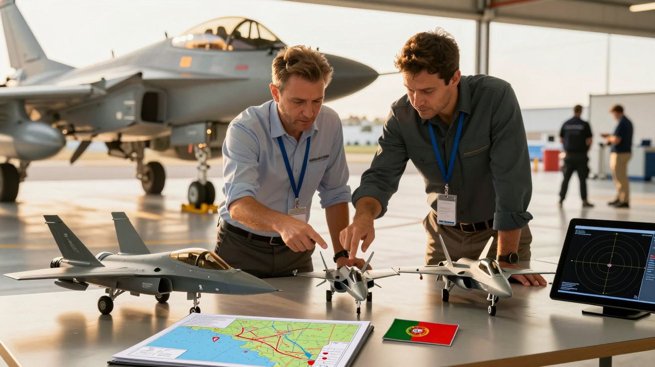Dwaj mężczyźni przy stole omawiają modele samolotów, w tle stoi myśliwiec, na stole mapa i komputer.