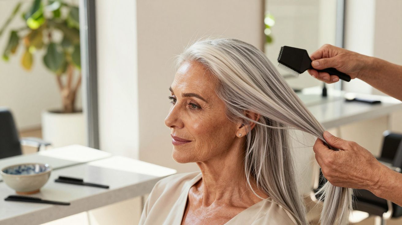 Starsza kobieta z siwymi włosami siedzi w salonie fryzjerskim, stylistka czesze jej włosy.