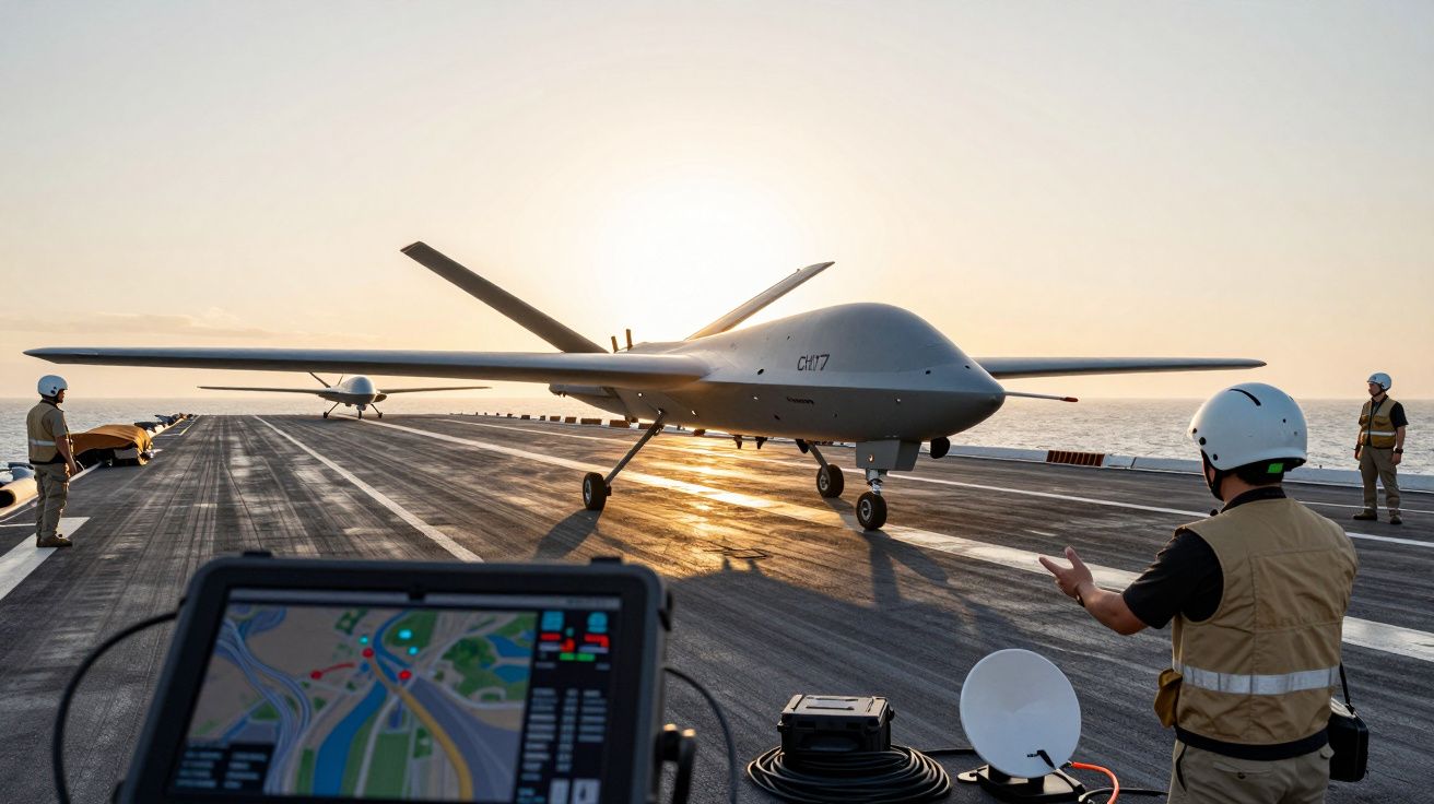 Drony na lotniskowcu podczas zachodu słońca. Żołnierze obsługują sprzęt na pokładzie.