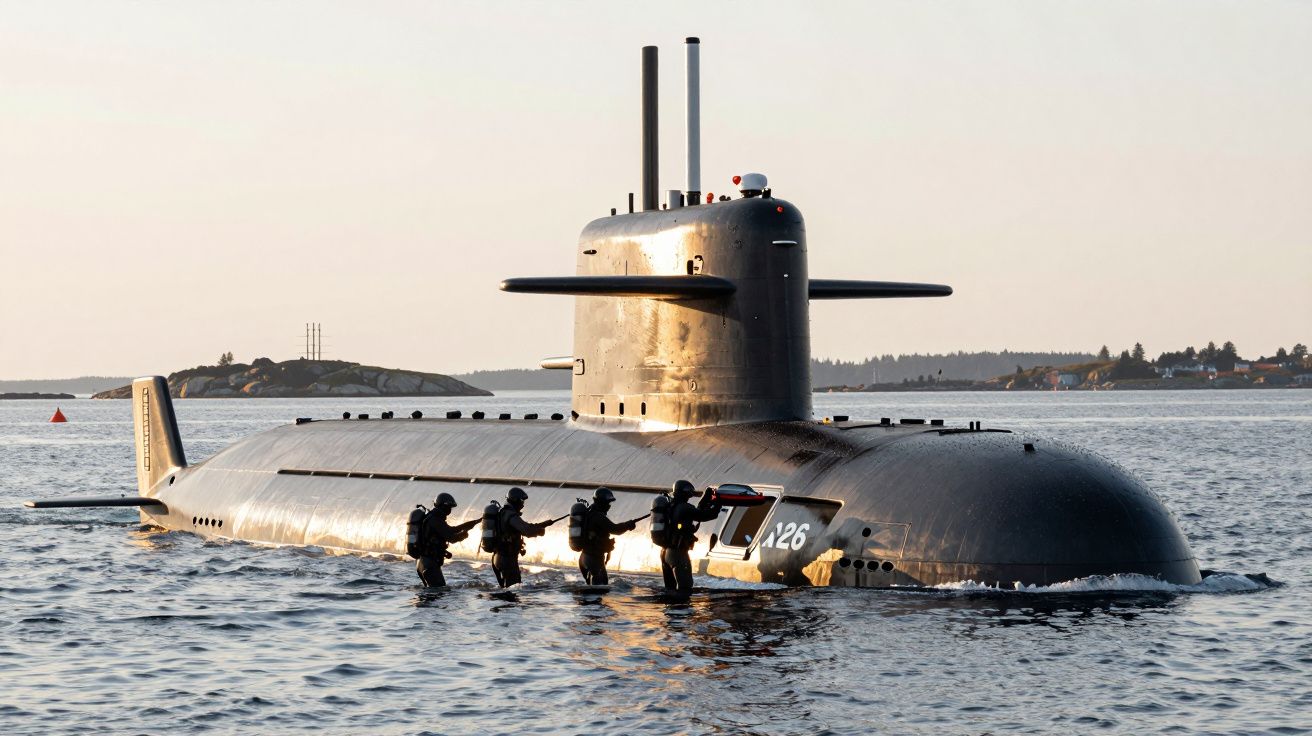 Żołnierze w wodzie obok wynurzającego się okrętu podwodnego na tle spokojnego morza i wybrzeża.