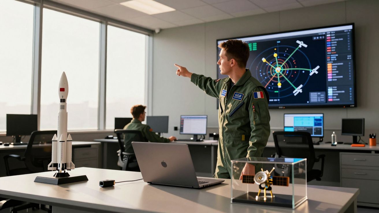 Osoba w mundurze wskazuje na ekran z wykresem w centrum kontroli misji kosmicznej, obok laptopa i modeli statków.