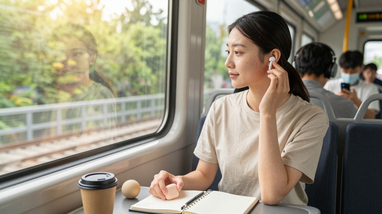 Kobieta w pociągu, słuchająca muzyki przez słuchawki, patrzy przez okno. Obok leży notatnik i kubek kawy.