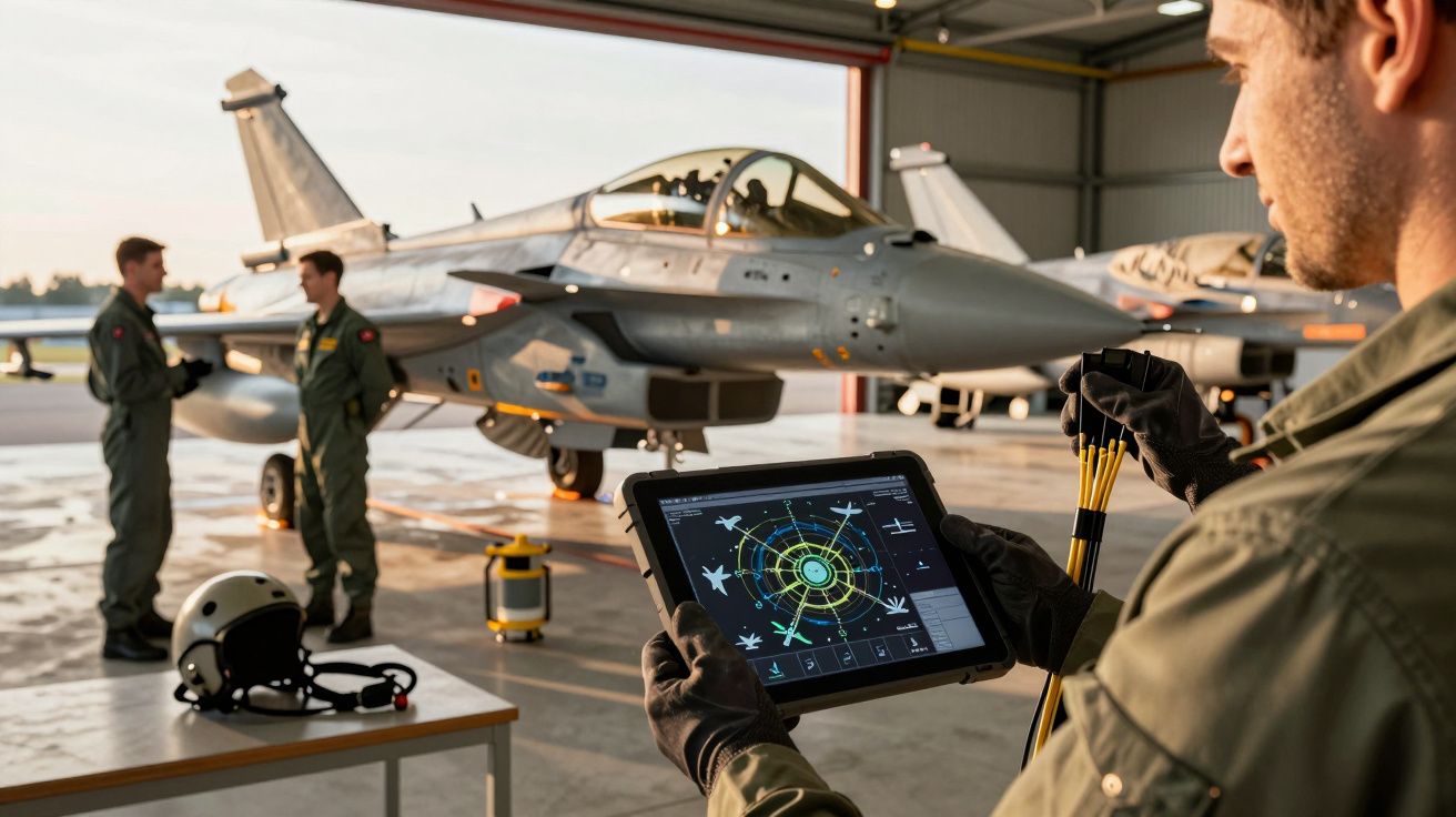 Osoba w hangarze trzyma tablet z ekranem lotniczym, w tle myśliwce i dwie rozmawiające osoby.