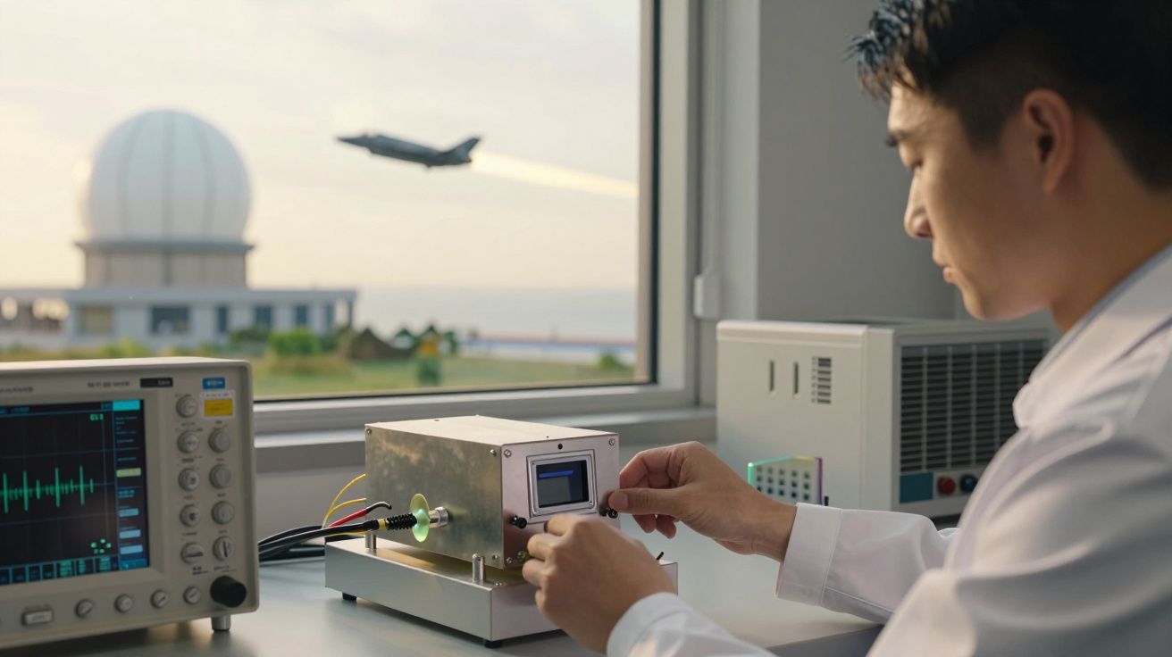 Mężczyzna w laboratorium przy urządzeniu elektronicznym z samolotem w tle za oknem.