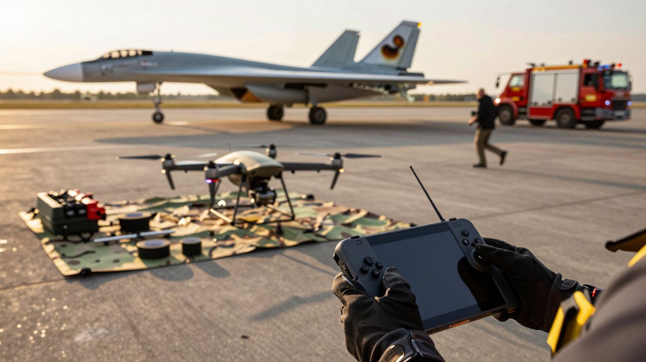 Osoba trzyma kontroler drona na lotnisku, z myśliwcem i wozem strażackim w tle.