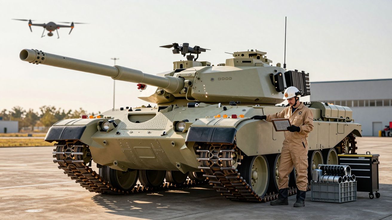 Mężczyzna w kombinezonie obsługuje czołg na lotnisku. W tle unosi się dron.