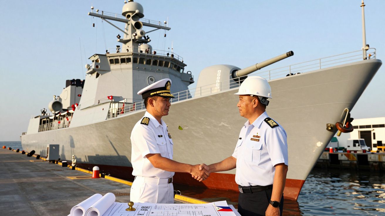 Dwóch marynarzy w białych mundurach podaje sobie ręce na tle szarego okrętu wojennego przy nadbrzeżu.