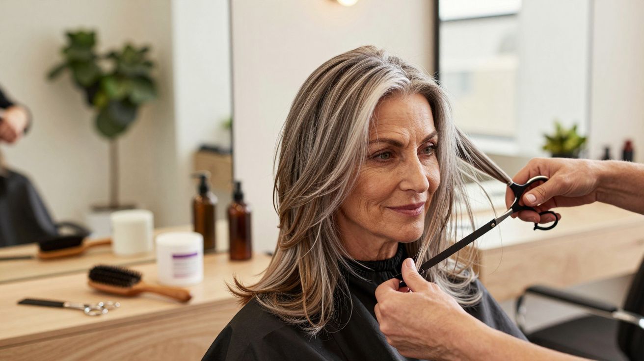Kobieta z siwymi włosami siedzi w salonie fryzjerskim, fryzjer trzyma nożyczki przygotowując się do cięcia.