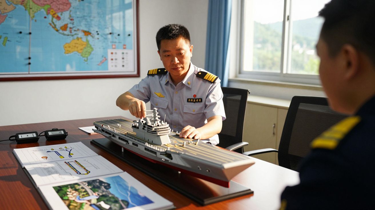 Mężczyzna w mundurze omawia model statku na biurku, w tle mapa świata i okno.