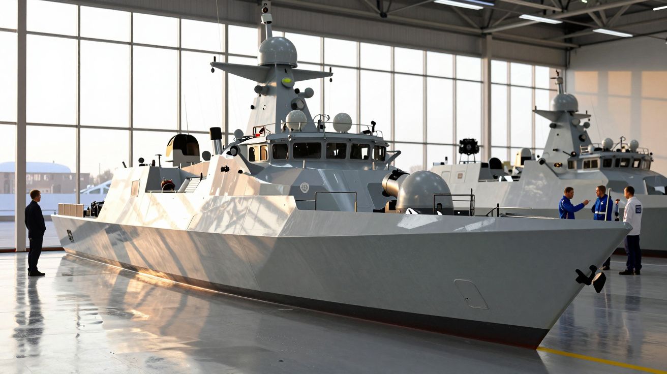 Nowoczesny okręt wojenny w hangarze, otoczony osobami w mundurach.