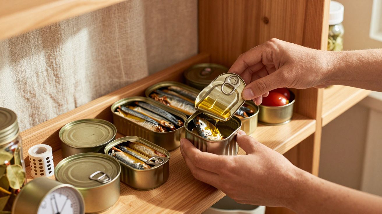 Osoba otwierająca puszkę sardynek na drewnianej półce z innymi produktami w puszkach i przyprawami.