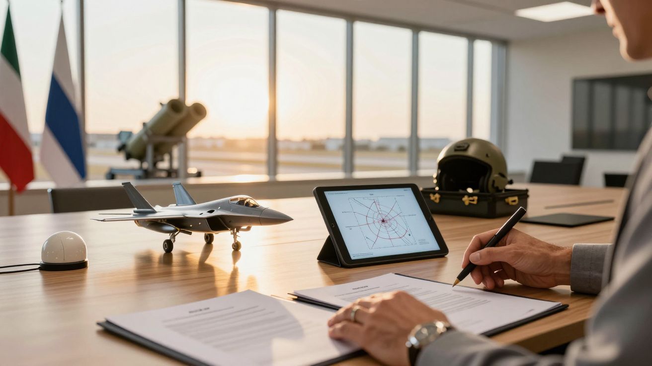 Osoba podpisuje dokumenty przy biurku z modelem samolotu, tabletem i hełmem wojskowym, widok na pas startowy za oknem.