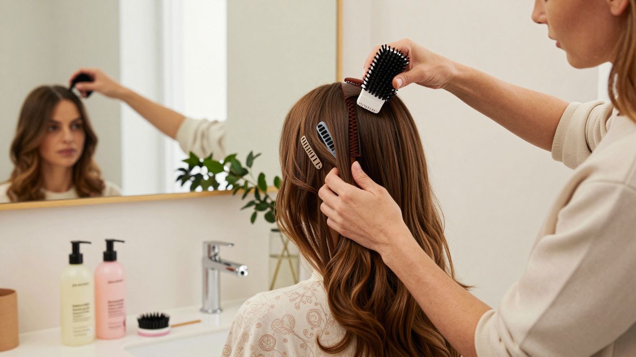 Kobieta układa włosy drugiej kobiety przy lustrze, używając szczotki w eleganckiej łazience.