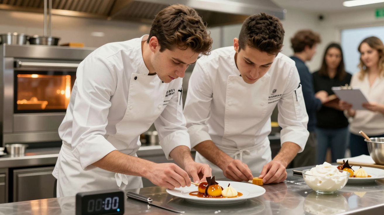 Dwóch kucharzy dekoruje desery w profesjonalnej kuchni, wokół stoją inni ludzie.