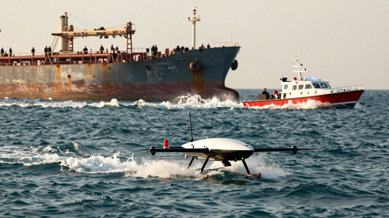 Dron lata nad falami, mijając statek towarowy i łódź patrolową na otwartym morzu.