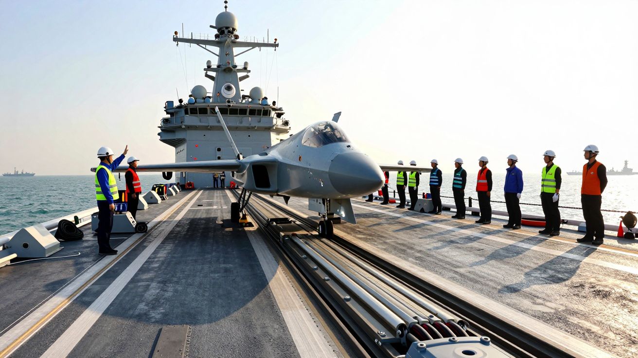 Myśliwiec na pokładzie lotniskowca, otoczony załogą w kaskach i kamizelkach, widok na opustoszałe morze.