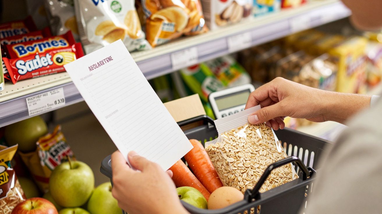 Osoba z listą zakupów trzyma koszyk z owocami, warzywami i płatkami owsianymi w supermarkecie.