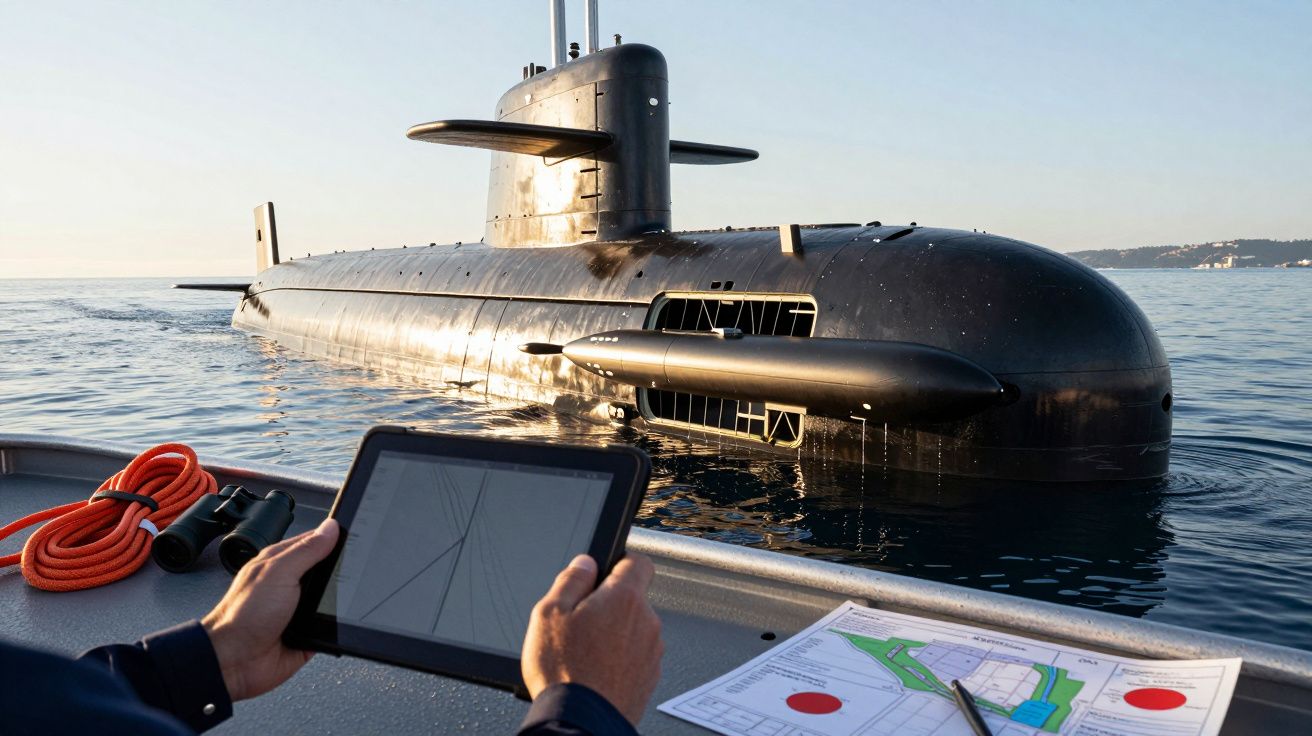Osoba na łodzi trzyma tablet, przed nim przepływa okręt podwodny. Na stole leżą mapy i lornetka.