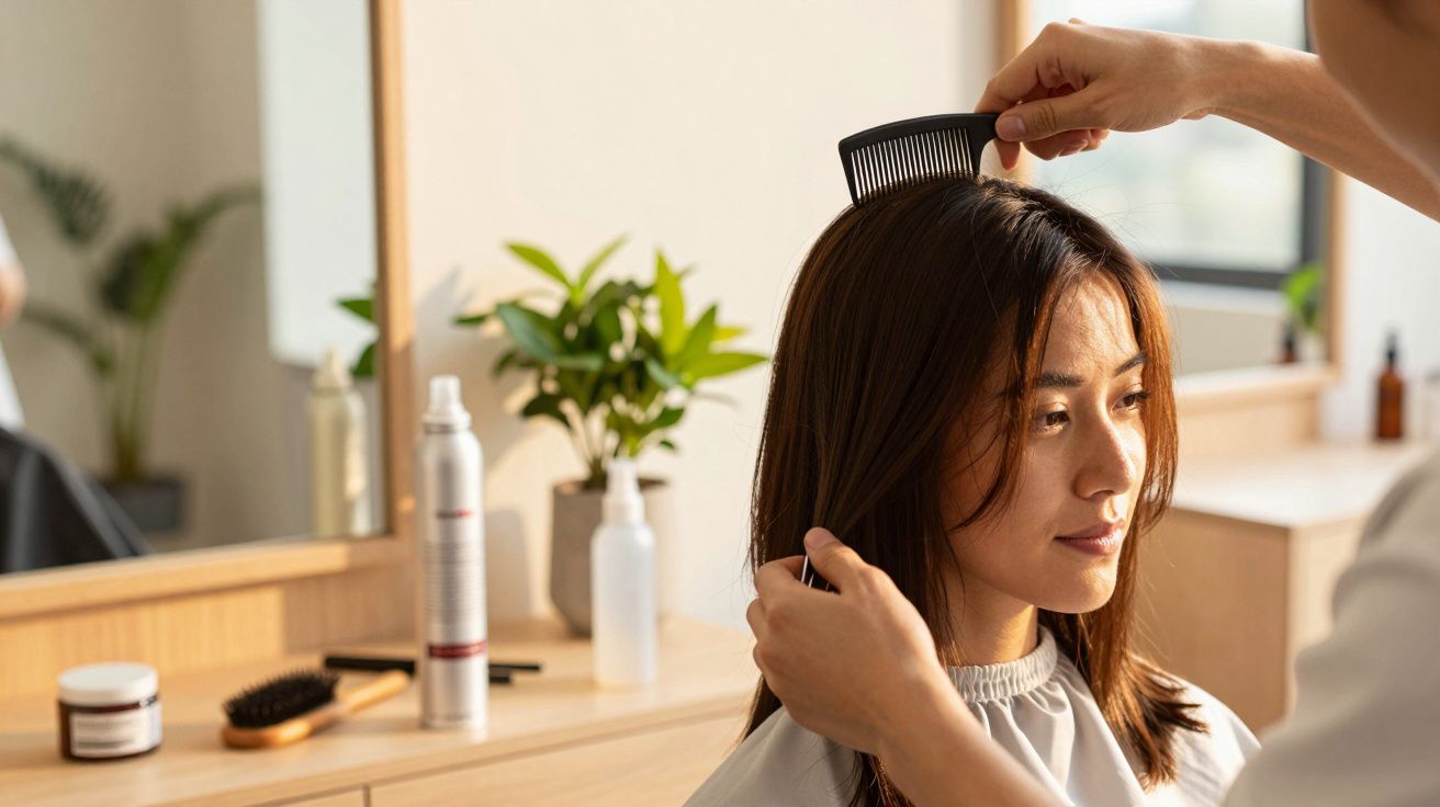 Fryzjer czesze włosy kobiety w salonie, na stole szczotki i kosmetyki.