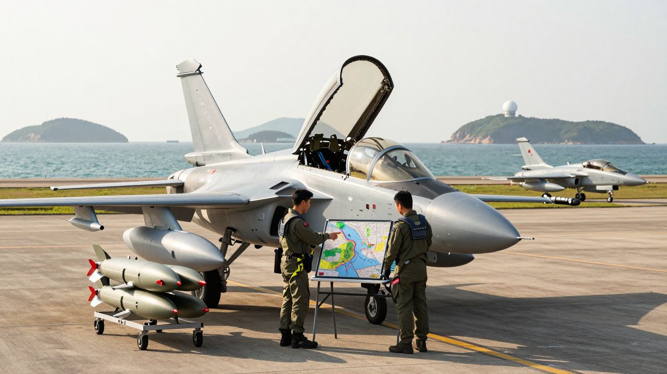 Dwaj piloci w kombinezonach wojskowych stoją przy myśliwcu na lotnisku nad morzem, analizując mapę.