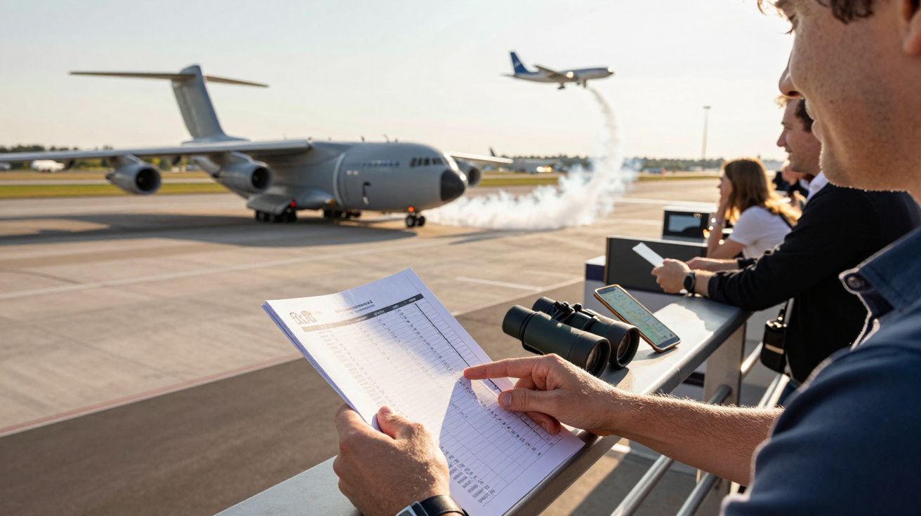 Osoby obserwujące pokazy lotnicze z tarasu widokowego, samolot startuje z pasa w tle.