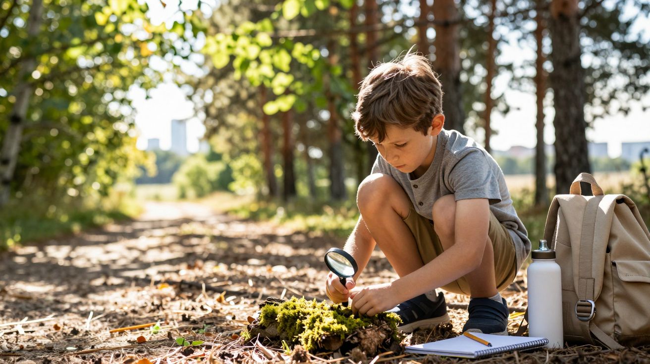 Chłopiec bada mech w lesie za pomocą lupy, obok plecak i zeszyt.
