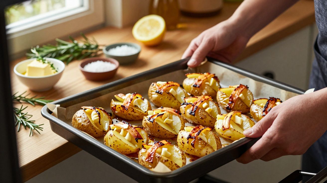 Osoba trzyma blachę z pieczonymi ziemniakami z przyprawami i plastrami boczku w jasnej kuchni.