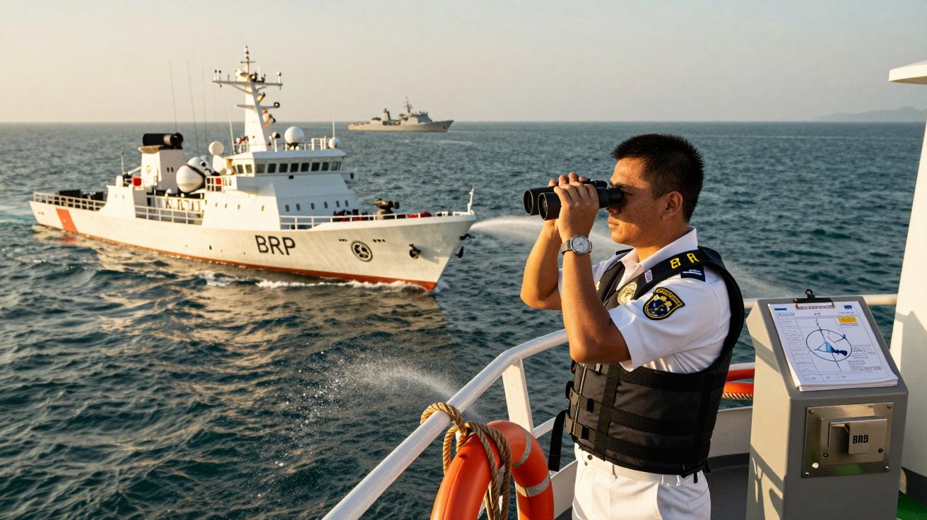 Mężczyzna w mundurze obserwuje przez lornetkę ze statku, w tle inny statek na morzu.