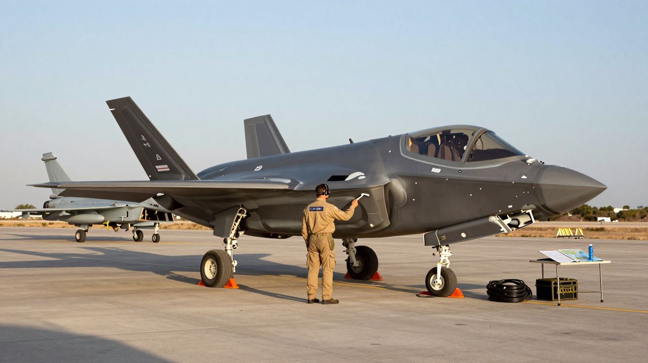 Mężczyzna w uniformie sprawdza nowoczesny myśliwiec na płycie lotniska o zachodzie słońca.