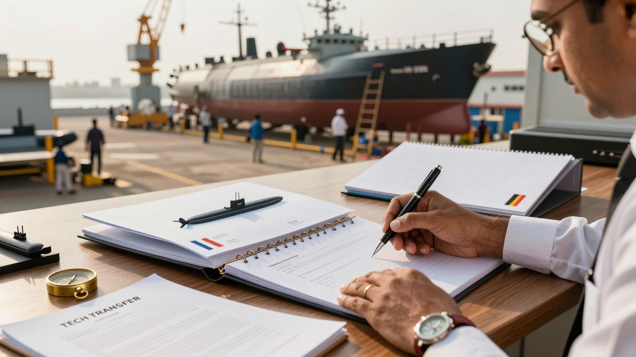 Mężczyzna podpisuje dokumenty w stoczni, w tle widoczne statki i dźwigi.