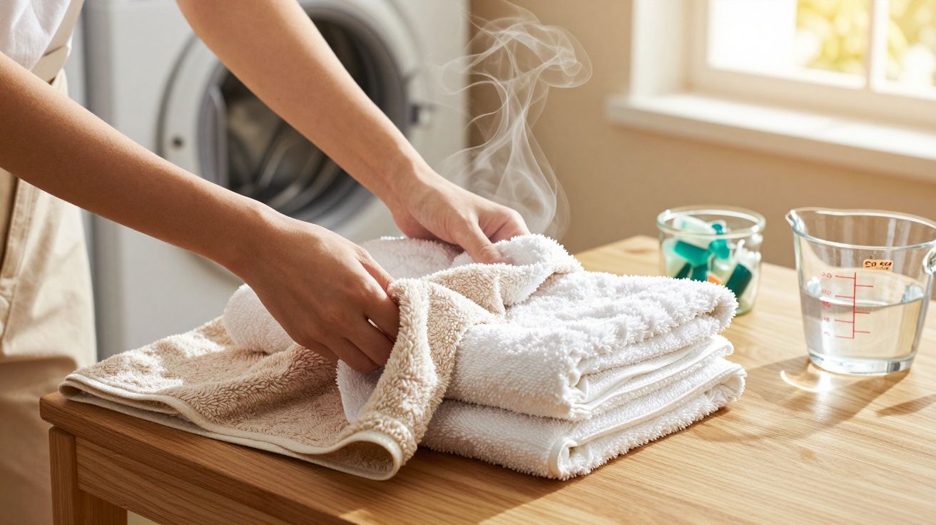 Osoba składająca gorące ręczniki na stole; w tle pralka, detergent oraz miarka z wodą.