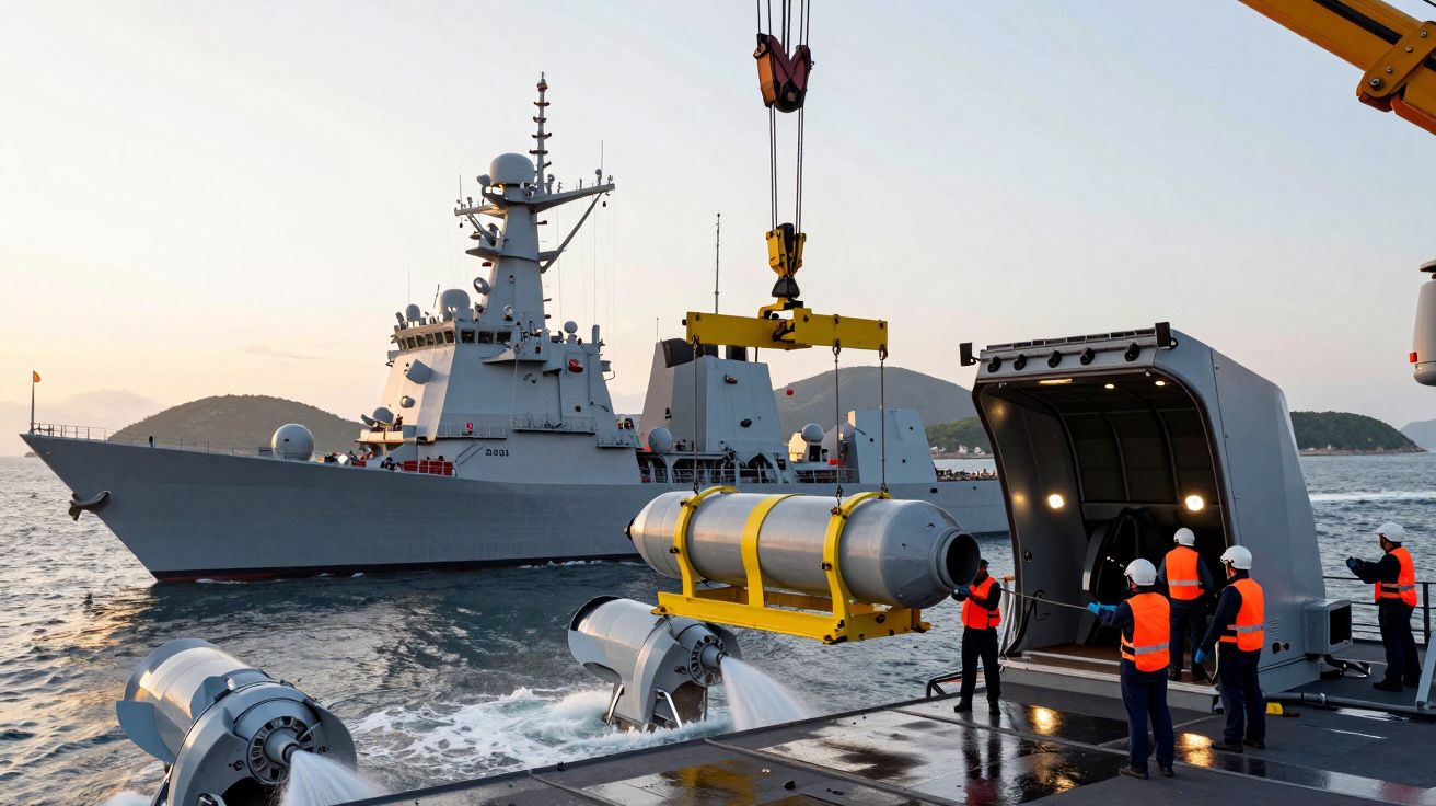 Marynarze ładują torpedę na niszczyciel za pomocą dźwigu na morzu, w tle widoczny okręt wojskowy.