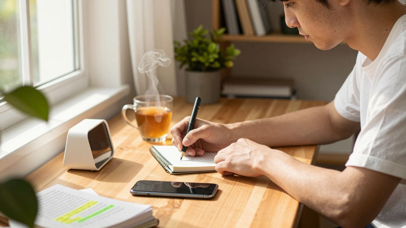 Młody mężczyzna pisze w notatniku przy biurku, obok stoi filiżanka herbaty, telefon i zegar.