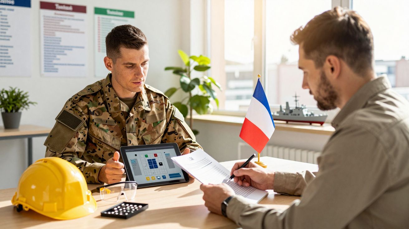 Dwóch mężczyzn rozmawia przy biurku; jeden w mundurze z tabletem, drugi w koszuli z dokumentami i flagą Francji.