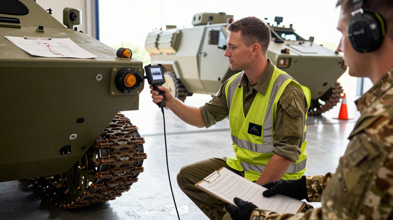 Mężczyzna w kamizelce odblaskowej sprawdza pojazd wojskowy za pomocą urządzenia, obok siedzi osoba w mundurze z notatnikiem.