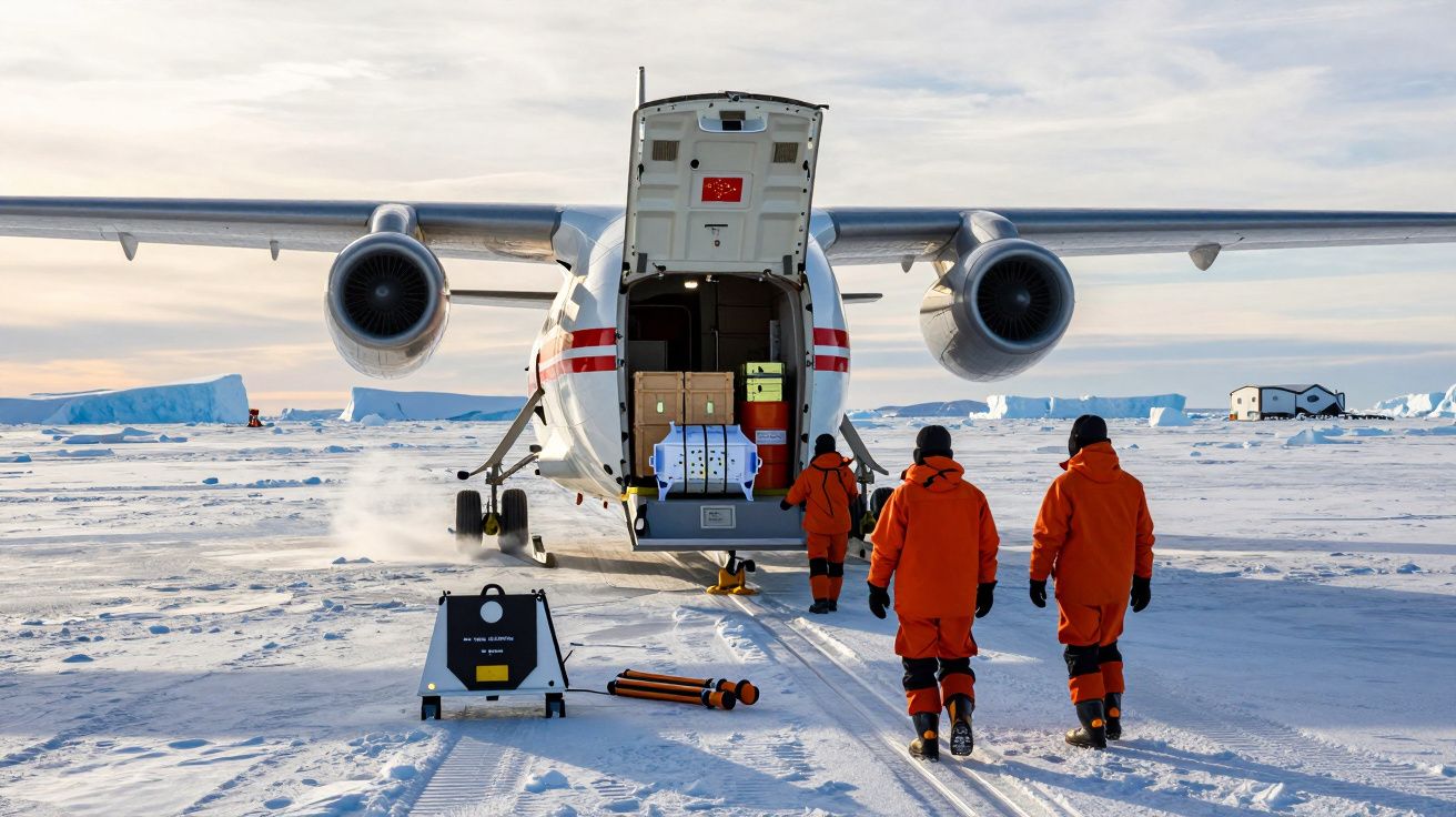 Samolot transportowy na śniegu z otwartym lukiem, dwie osoby w pomarańczowych kombinezonach, ładunek w tle.