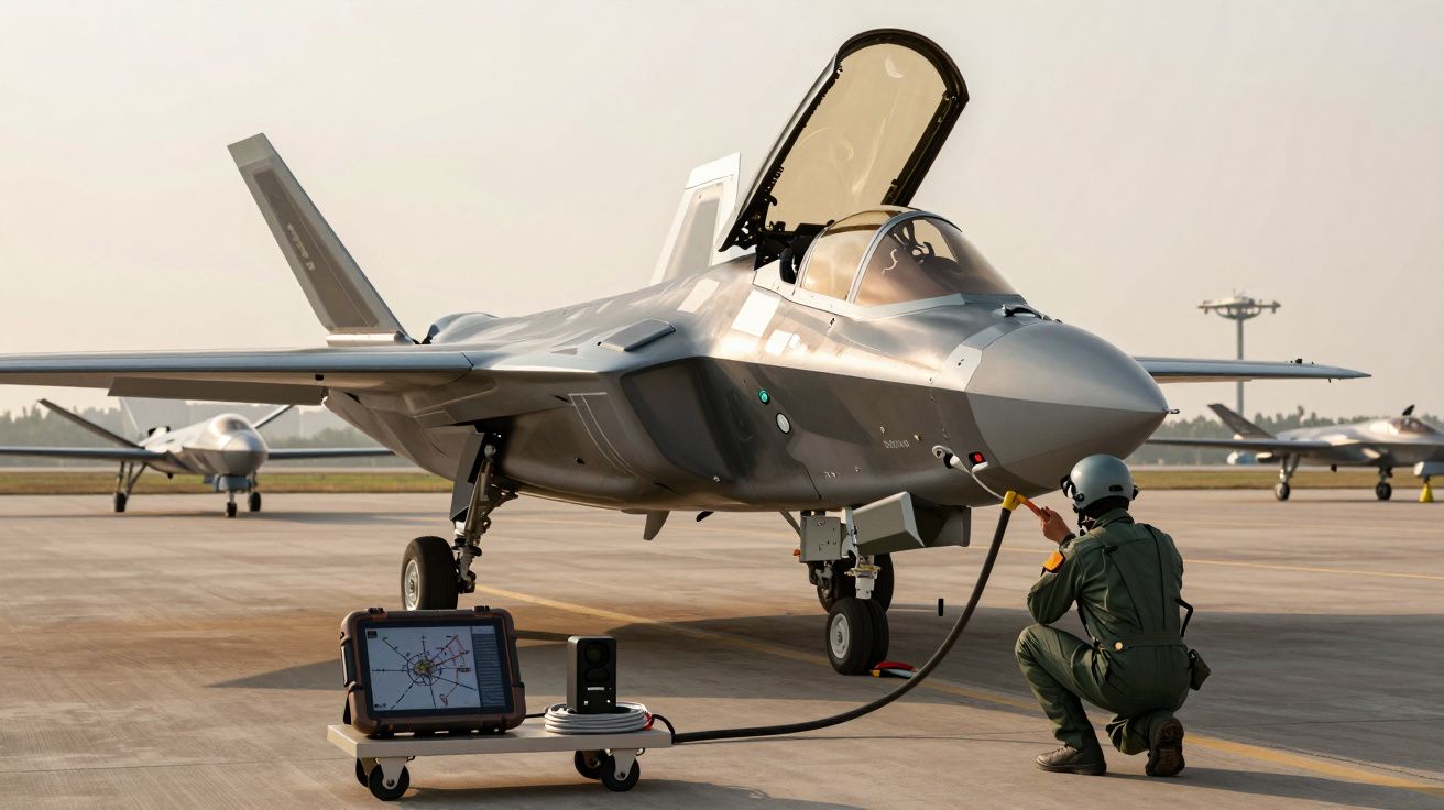 Myśliwiec na lotnisku z otwartym kokpitem, technik w hełmie obsługuje panel kontrolny pod samolotem.